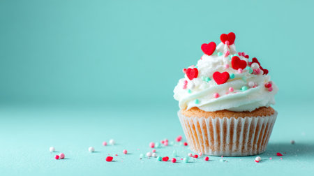 Delicious cupcake topped with whipped cream and colorful sprinkles on a vibrant blue backgroundの素材