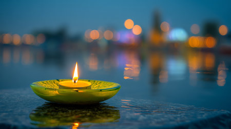 Floating candle in a decorative bowl illuminating tranquil water at dusk with blurred lightsの素材