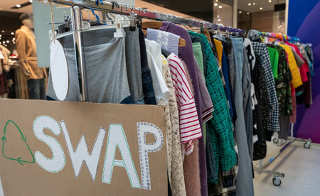 Clothes on hangers during a clothing swap event promoting sustainable fashion and reuse. Eco-friendly lifestyle, recycling, and circular economy concept encouraging people to exchange pre-loved clothes instead of buying new ones.の写真素材