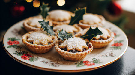 Traditional Christmas mince pies decorated with holly leaves and dusted with powdered sugar on a festive plate. Warm holiday atmosphere and classic winter dessert.の素材