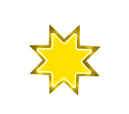 Glowing yellow neon star badge isolated on white backgroundの写真素材