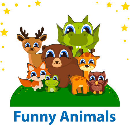 Funny Animals Editable vector template. Ideal for kids, for web, card, banner, poster, bookmark notepadのイラスト素材