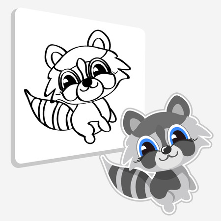 Funny raccoon cartoon pet illustration color and drawing black and white line. Coloring book educational game for kidsのイラスト素材