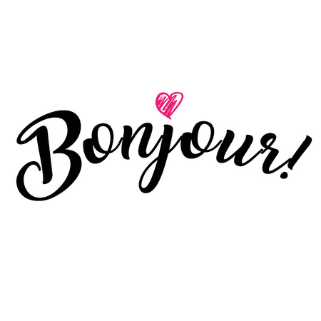 Word hello in French. Bonjour. Fashionable calligraphy. Vector illustration on white background with pink heart icon. Elements for design.のイラスト素材