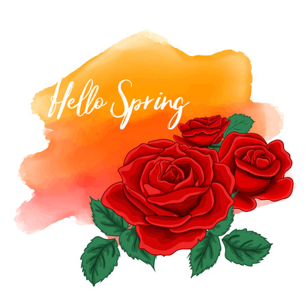 Scarlet roses on an orange watercolor background.can be used as greeting card, invitation card for wedding, birthday and other holiday and summer background. Vector illustration.のイラスト素材
