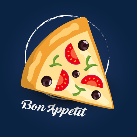 Bon appetit pizza on blue. Flat icon with shadowのイラスト素材