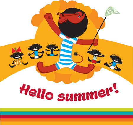 Cute lion cartoon. Vector illustration with a sign Hello summerのイラスト素材