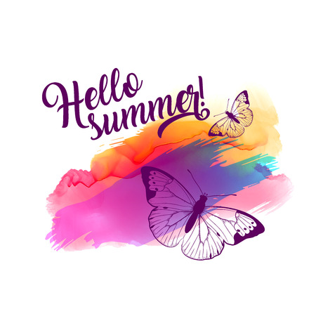 Greeting card with hand drawn butterflies on white background. Vector illustration for Happy Birthday, Mother s day, wedding or Hello Summer design .のイラスト素材