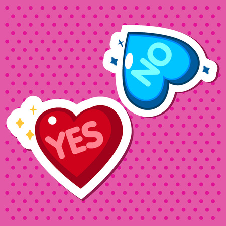 Cute hearts on pink background with signs Yes and No symbolizes choiseのイラスト素材