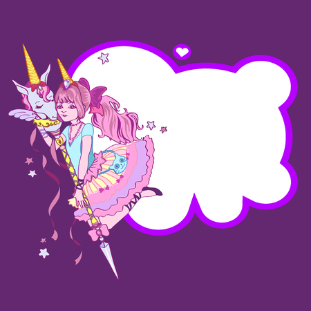 Cute unicorn and girl, stars and frame In the form of a cloud on a purple backgroundのイラスト素材