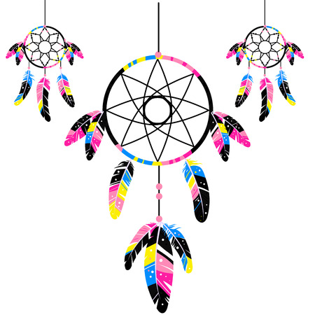CMYK icons Isolated on white background. Sacred folk indian and ojibwe ancient sleep protection with bird feathers for quills. Traditional american magic totemのイラスト素材