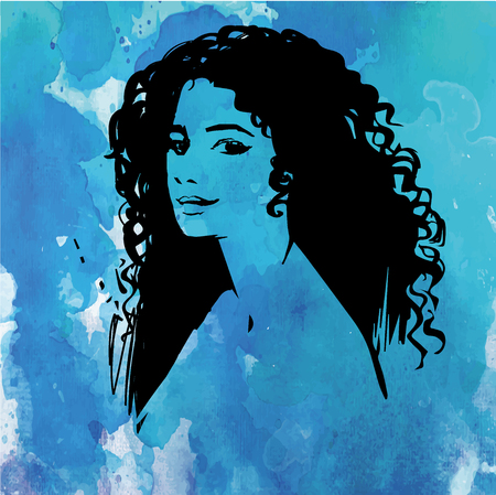 Beautiful girl face with beautiful curly hair, make up and neutral expression. Hand drawn woman portrait stylized. silhouette on a watercolor blue background. Decorative vector illustrationのイラスト素材