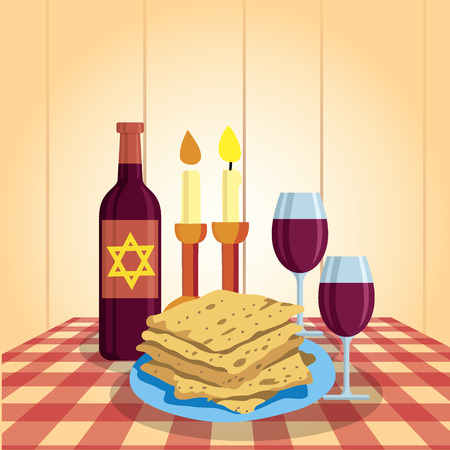 Shabbat shalom. Candles, kiddush cup and matzo. Religious traditions. Judaism Vector illustrationのイラスト素材