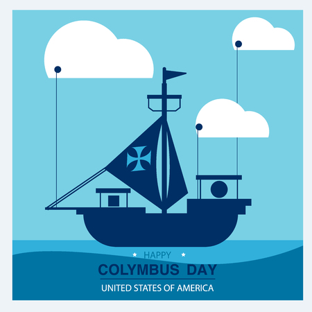 Happy Columbus Day. Congratulatory banner, white clouds is the place for your text. Flat style. Vector illustration on white background. Great holiday gift card.のイラスト素材