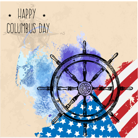 Happy Columbus day poster with a wheel on the background of the flag. Grunge styleのイラスト素材