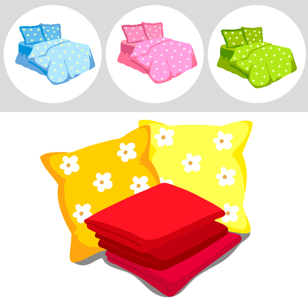 The perfect color bedding set. Pillows, sheets, blankets. Vector Illustration of a cartoonのイラスト素材