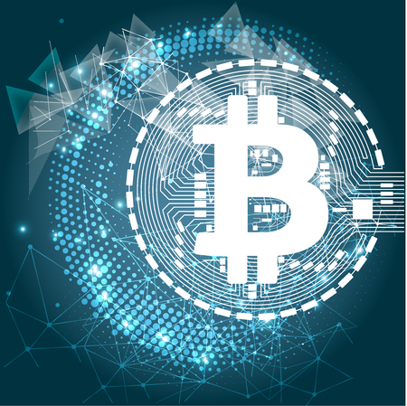 Bitcoin crypto currency blockchain flat a blue background. Block chain bitcoin sticker for web or print. Vector banner.のイラスト素材