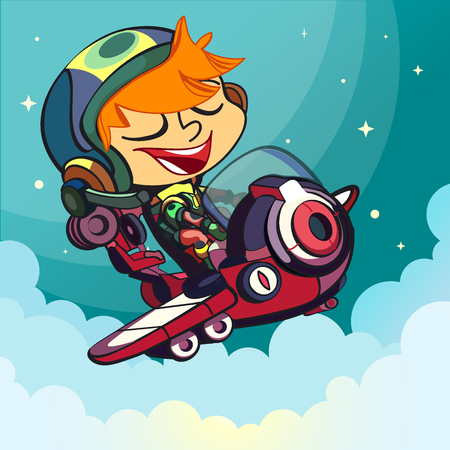Illustration the pilots boy. A funny character in the background of the sky. Vector illustrationのイラスト素材