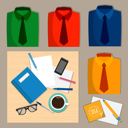 Stationery on the desk and a set of colored shirts, office style. Modern workplaces Flat style vector illustration.のイラスト素材