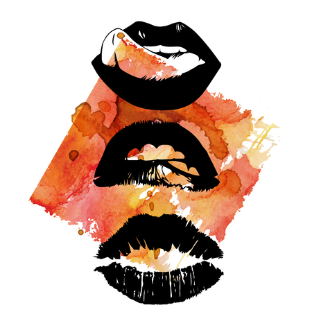 Set the lips and kisses against the background of the watercolor stain. Template of creative valentines in the style of pop art. Vector illustrationのイラスト素材