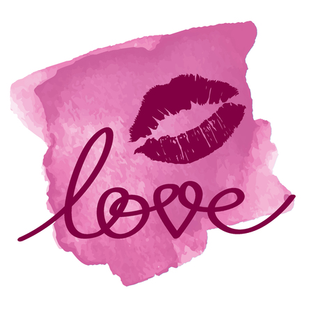Vector illustration of Love calligraphy lettering poster and kiss print on a pink watercolor background. Design for holiday greeting cards and invitations of the wedding day and Happy Valentine's day. vector.のイラスト素材