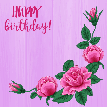Happy birthday card. Beautiful roses bouquet on pink wood texture. Hand drawn vector highly detailed line art illustration.のイラスト素材