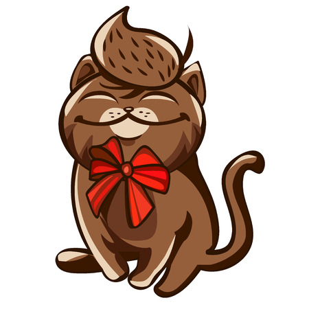 An illustration of a brown contented cat cartoon character with a red bow around his neck. Colored vector illustration print, poster, card, t-shirt.のイラスト素材