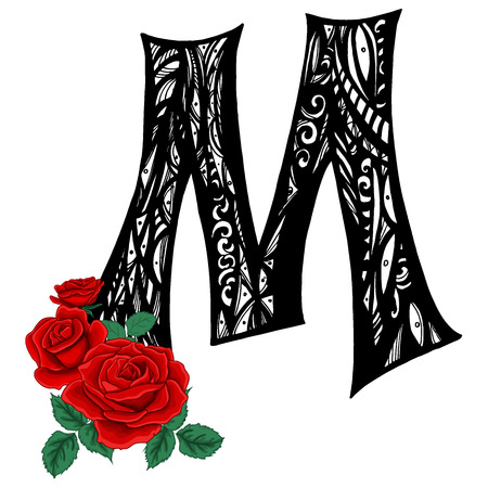 Elegant capital letter M in the style of the Doodle. Black and white pattern with scarlet roses.のイラスト素材