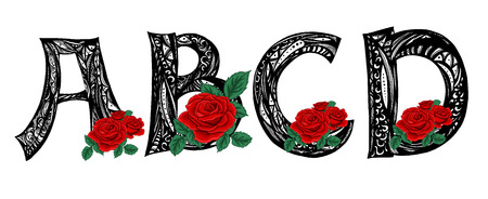 Black letters a, b. c, d with scarlet roses. Idea design tattoo. Font Typography vector illustration.のイラスト素材