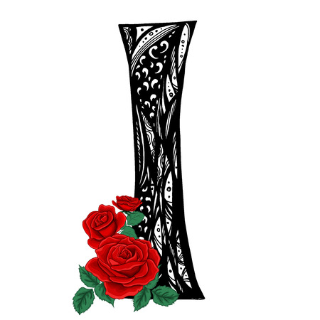 Hand decorative Alphabet Uppercase. Capital letter I with red roses in vector. Doodle style. Floral alphabetのイラスト素材