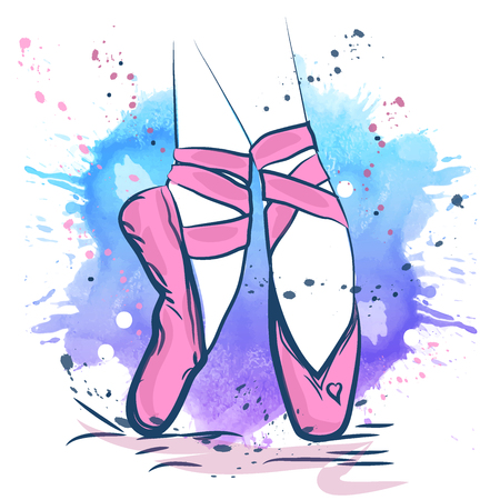 Pink ballet shoes illustration made in outline style on a watercolor background. T shirt design.のイラスト素材