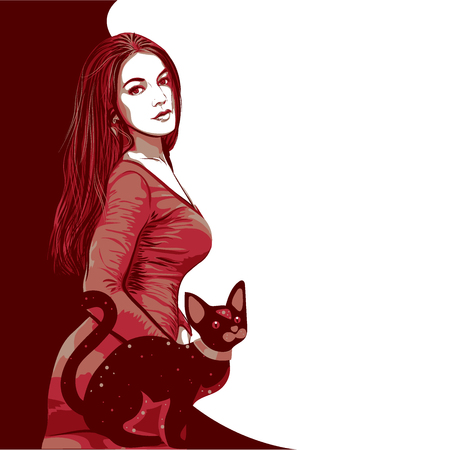 Pop Art Young Beautiful Woman and Cat. Vector illustration. A great advertising poster for a nightclub, sales, invitations to a partyのイラスト素材