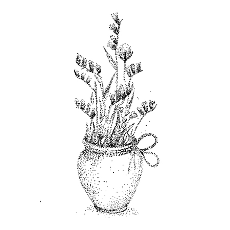 Flower pot. Monochrome illustration in sketch style. Vector of hand drawn flowers in pot isolate on white backgroundのイラスト素材
