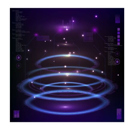 Futuristic interface hud design, infographic elements like scanning graph or waves, warning arrow and bar regulator, fingerprint or dactylogram pass, molecule hologram.のイラスト素材