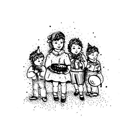 Young kids at a birthday party. Vector illustration for a greeting card or poster. Black and white illustration hand-drawn with ink and pen.のイラスト素材