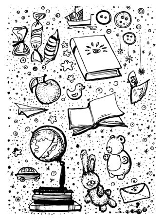 Kids drawing. School items. Black-white vector illustration.のイラスト素材