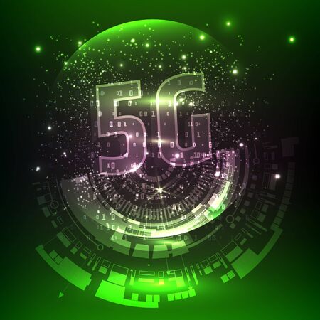 5G new wireless internet wifi connection. Big data binary code flow numbers. Global network high...