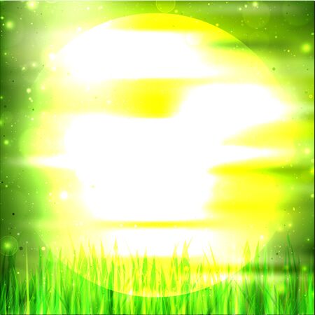 abstract background green, light and sunny , vector. Abstract landscape. Grass and huge sun in bright green light. Background for the design of your flyers or invitation posters.のイラスト素材