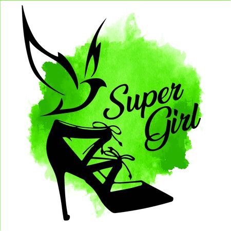 women shoe silhouettes with Flying bird on watercolor bright green background. Symbol of spring and fashion.のイラスト素材