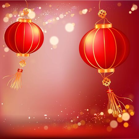 Beautiful vector background with red paper circular Chinese lanternsのイラスト素材