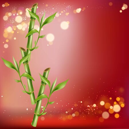 3d Bamboo green vector illustration. Bright red background holiday symbol. Template Banner or poster for spa salon.のイラスト素材