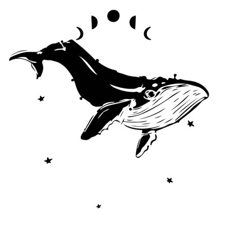 hand drawn whale on watercolor background.. Stars sky. Artistic galaxy . For T-shirt print, kids and children fashion collection.のイラスト素材