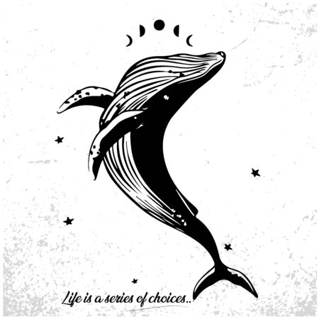 whale sings. White and black illustration. Monochrome abstract vectorのイラスト素材
