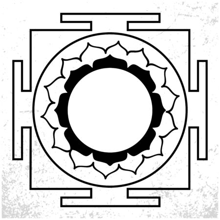 Shri Chakra Yantra - cosmic conductor of energy. White and black illustration. Sketch abstract to Create Distressed Effect. Overlay Distress grain design.のイラスト素材