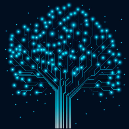 Artistic creative illustration of vector tree created in technology style, digital element. Technology and nature balance concept.のイラスト素材