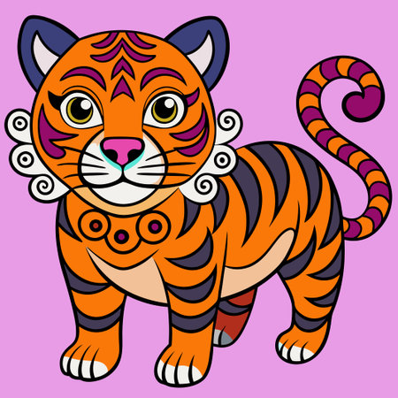 Cute tiger cub on pink background for children's entertainment books, notebooks or printing on t-shirtのイラスト素材