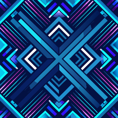 Vibrant geometric pattern in shades of blue and purple with sharp lines and arrows creating symmetryのイラスト素材