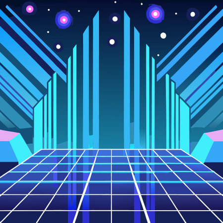 Futuristic landscape with geometric structures and starry night sky features vibrant colors and a digital aestheticのイラスト素材
