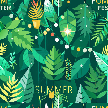 Summer festival background with tropical leaves and decorative lights in vibrant green huesのイラスト素材