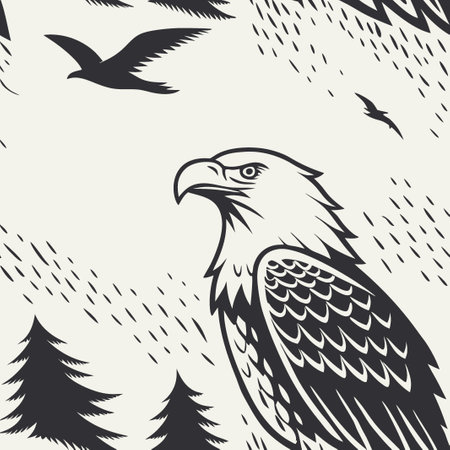 Nature-inspired design featuring an eagle and birds in a forested landscapeのイラスト素材